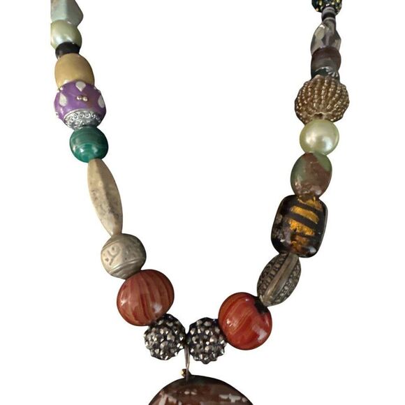 Boho Handcrafted Multicolor Beaded Necklace With Statement Brown & White Pendant - Picture 3 of 5